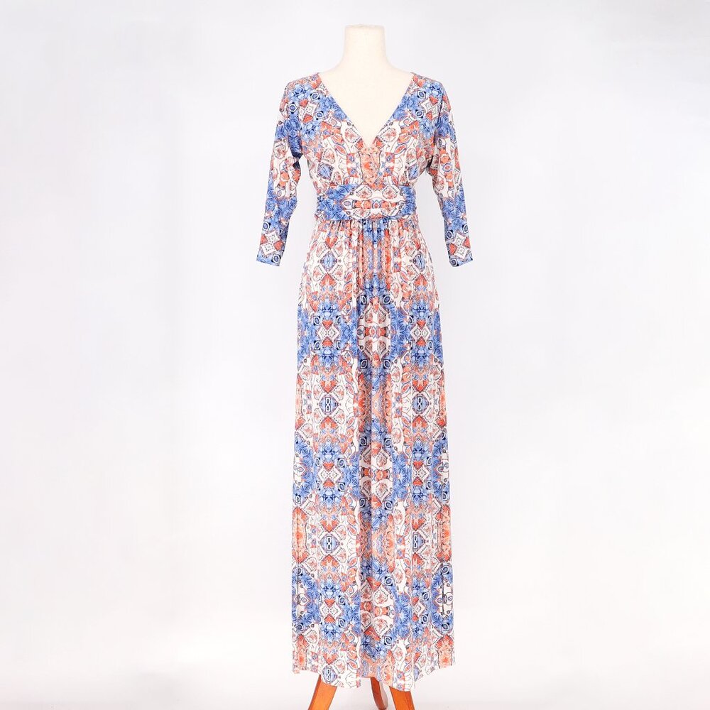 BOSTON PROPER Diamond Tile Blue Multicolor Maxi Dress Stretch V-Neck Size 6